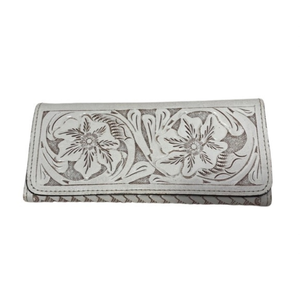 Hand tooled leather wallet trifold White Color White/Brown